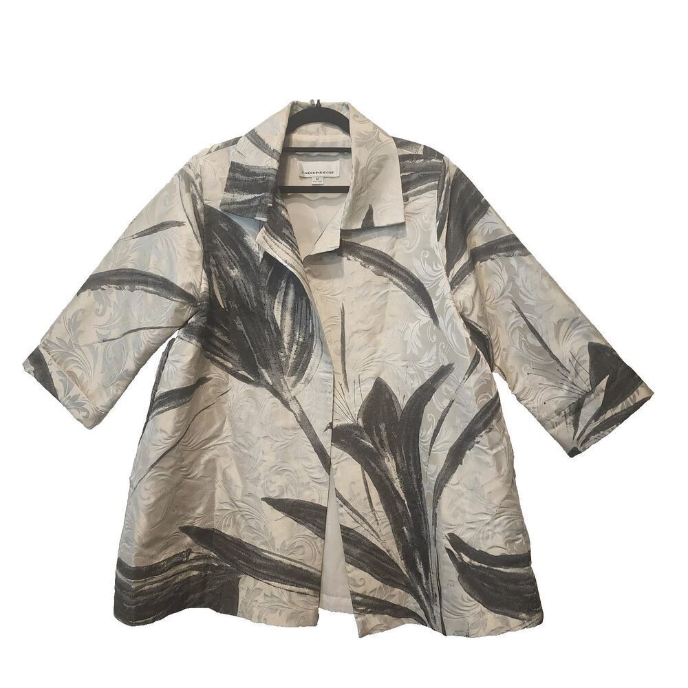 Caroline Rose Medium Jacket Gray Black Jacquard Embossed Embellished Open Front - Picture 9 of 9